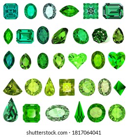 Illustration set of green gems of different shades and cuts of emerald