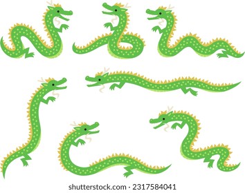 Illustration set of green long dragons in various poses