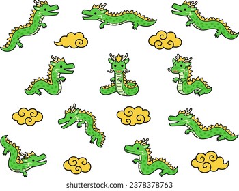 Illustration set of green long dragons and golden clouds with outline