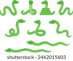 Illustration set of green long snakes in various poses