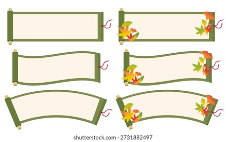 Illustration set of a green scroll. An autumn image decorated with fallen leaves.