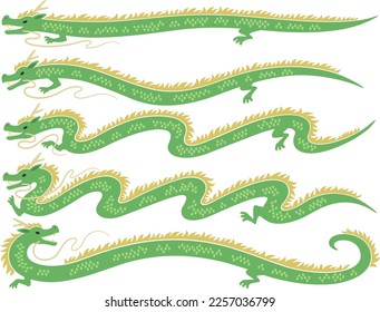 Illustration set of green slender dragons