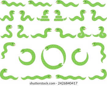 Illustration set of green snake characters in various poses