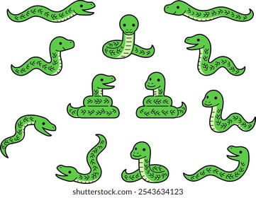 Illustration set of green snake characters in various poses