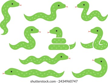 Illustration set of green snakes in various poses