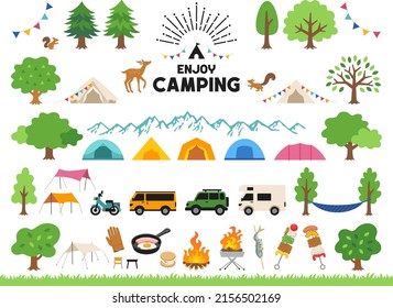 Illustration set of green trees, campsite and camping equipment