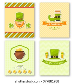 Illustration Set Greeting Posters with Traditional Symbols for St. Patricks Day, Colorful Icons in Flat Style - Vector