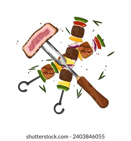 Ilustración de parrilladas, barbacoa, carne de res, cerdo, especias y verduras a la parrilla. Aislado sobre un fondo blanco tierno dibujo para elementos de diseño Fácil de editar.