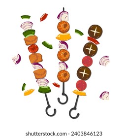 Illustration set of grilled food, barbecue, chicken, meatballs, shiitake mushrooms, and various grilled vegetables. Isolated on a white background cute cartoon for design elements Easy to edit.