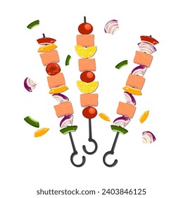Illustration set of grilled food, barbecue, salmon, spices, and various grilled vegetables. Isolated on a white background cute cartoon for design elements Easy to edit.