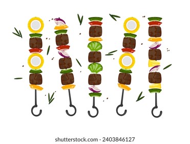 Illustration set of grilled food, barbecue, meat, spices, and various grilled vegetables Isolated on a white background cute cartoon for design elements Easy to edit.