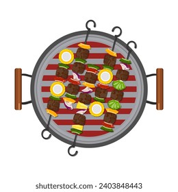 Illustration set of grilled food. Barbecue. Various spices and vegetables are grilled in a pan. Top view. Isolated on a white background. cute cartoon for design elements is Easy to edit.
