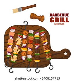 Illustration set of grilled food. Barbecue, beef, pork, chicken, salmon, shrimp, spices and grilled vegetables. On a wooden cutting board. Top view. Isolated on a white cartoon background.
