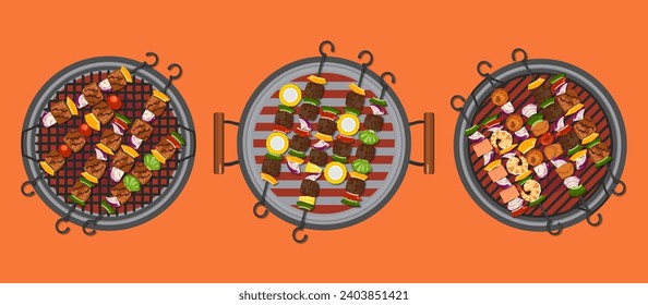 Ilustración de la comida a la parrilla. BBQ. En la parrilla de carbón vegetal se sirven especias y verduras. Vista superior. Aislado sobre un fondo de colores vivos. dibujos animados bonitos para elementos de diseño es fácil de usar