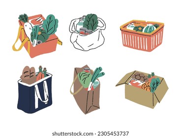 Illustration set of groceries in plastic bags, shopping baskets, and eco bags