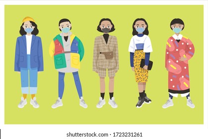 Illustration set group of stylish street style fashion teenagers or millennials asian women wearing different style of clothing outfit apparel wearing a medical face mask for virus prevention.