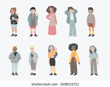 Illustration set group of stylish street style fashion teenagers or millennials asian people wearing different style of clothing outfit apparel. Flat cartoon colourful vector illustration