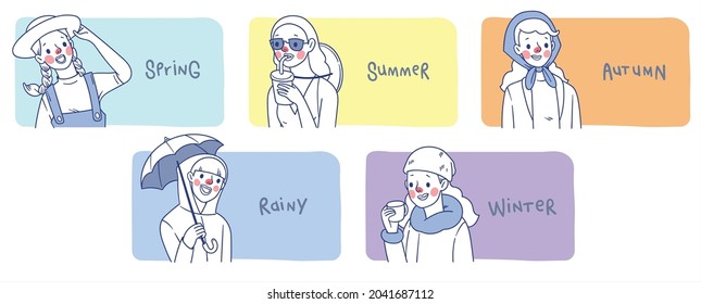 Illustration set group of stylish street style fashion teenagers or millennials people wearing different style of seasonal clothing outfit apparel. Flat cartoon colourful vector illustration