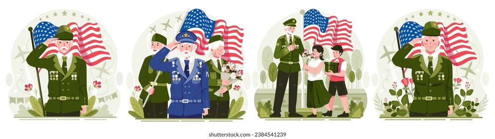 Illustration Set of A Group of Veterans With an American Flag and Holding Flowers Saluting. Children Giving Flowers and Gifts to a Veteran. Celebrating Veterans Day