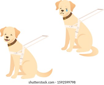 Illustration set of  guide dogs sitting with two different facial expressions (smile / sad)