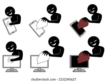 Illustration set of hacking images that are extracting something from smartphones and computers