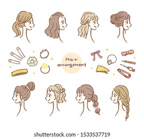 Illustration set of hair arrangement and hair accessories