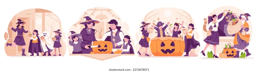 Illustration Set of Halloween. Happy People Dressing Up in Various Halloween Costumes Celebrating Halloween. Halloween Party and Trick or Treat Concept