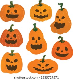 Illustration set of halloween pumpkin with cute and scary faces. Halloween elements and decoration