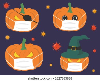 Illustration set of halloween pumpkins in halloween character costumes wear face mask.Halloween in COVID-19 Coronavirus pandemic concept.