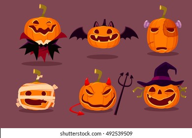 Illustration set of halloween pumpkins in halloween character costumes