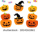 Illustration set of Halloween pumpkins (stacked, wearing a witch hat)