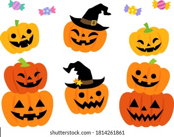 Illustration set of Halloween pumpkins (stacked, wearing a witch hat)