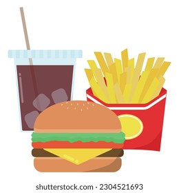 Illustration of a set with a hamburger and fries drink