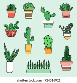 Illustration set of hand drawn cacti and succulents growing in pots. Cartoon vector.