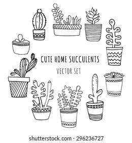 Illustration set of hand drawn cute cactus and succulent plants growing in cute pots. Home decoration. Vector illustration. EPS 8.