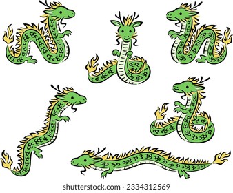 Illustration set of hand drawn style green dragons in various poses