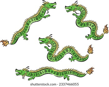 Illustration set of hand drawn style green dragons in various poses