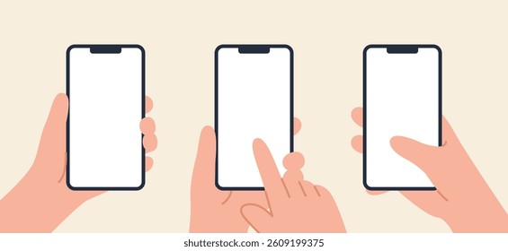 An illustration set of hand gestures holding mobile phone. Different ways of holding phone. Flat vector empty phone screen mockup clipart. 