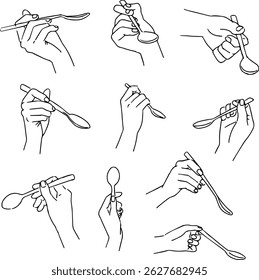 Illustration set of a hand holding a spoon
