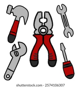 illustration of a set of hand tools, including pliers, a hammer, a screwdriver, an adjustable wrench, and an open wrench, symbolizing craftsmanship, construction, and tool usage