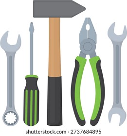 Illustration with set of hand tools - screwdriver, wrench, pliers, hammer and ratchet. Objects for construction isolated on white background
