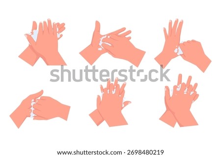 Illustration Set of Hand Washing Technique Steps. A set of illustrations showing the proper sequence of steps for washing hands, including rubbing palms, back of hands, fingers, and nails