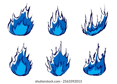 Illustration set of hand-drawn blue flame with brush touch