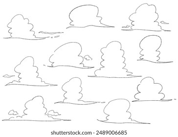 Illustration set of hand-drawn iridescent cloud, cumulonimbus cloud, variation materials