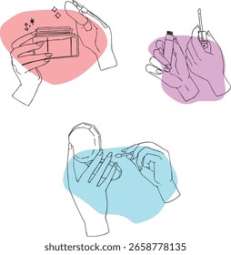 Illustration Set von Händen halten verschiedene Kosmetik, Make-up, Schönheit