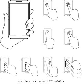 Illustration set of hands operating a smartphone, line drawing, monochrome