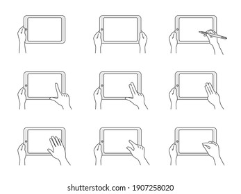 Illustration set of hands operating a tablet PC.