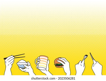 Illustration mit Händen in verschiedenen Szenen des Essens