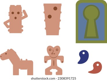 Illustration set of haniwa, clay figurines, magatama and ancient tombs