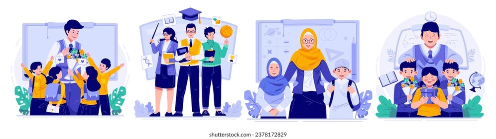 Illustration Set of Happy Teacher’s Day. Teachers and Children Students. Students and Giving Gifts and Bouquet of Flowers to Their Teacher